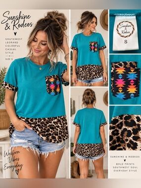 Sunshine & Rodeos NWT Turquoise Leopard Aztec Pocket Tunic Top Sz S